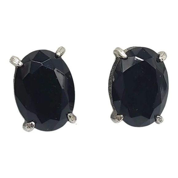 Vintage Jewelry - Large Black Oval Faceted Glass Rhinestone Silver Tone Clip On Earrings Vintage